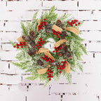 22” Artificial Christmas Door Wreath, Christmas Wreaths for Front Door, Winter Wreaths with Pine Cone, Red Berries, Burlap Ribbon & Snowflake, Holiday Outdoor Wreath Decorations