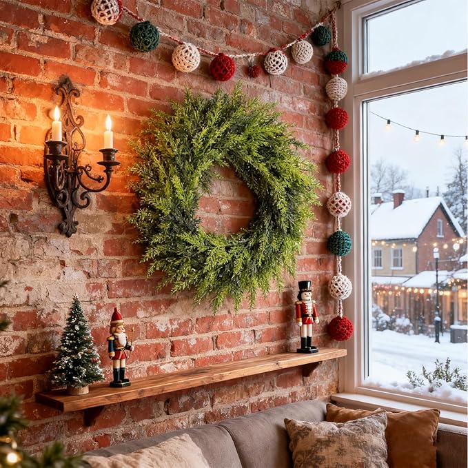 Real Touch Artificial Cedar Wreath 24" Fake Christmas Wreaths for Front Door Faux Pine Greenery Wreaths for Home,Window,Table,Mantle,Wall,Indoor,Outdoor Xmas Decorations