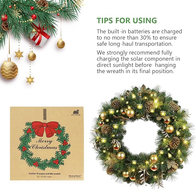 Solar Christmas Wreath 30 Inches Pre-Lit Solar 70 Led Artificial Wreath for Front Door Window Outdoor Decorations with Golden Pine Cones Christmas Balls Glitter Pine Branches(3002)