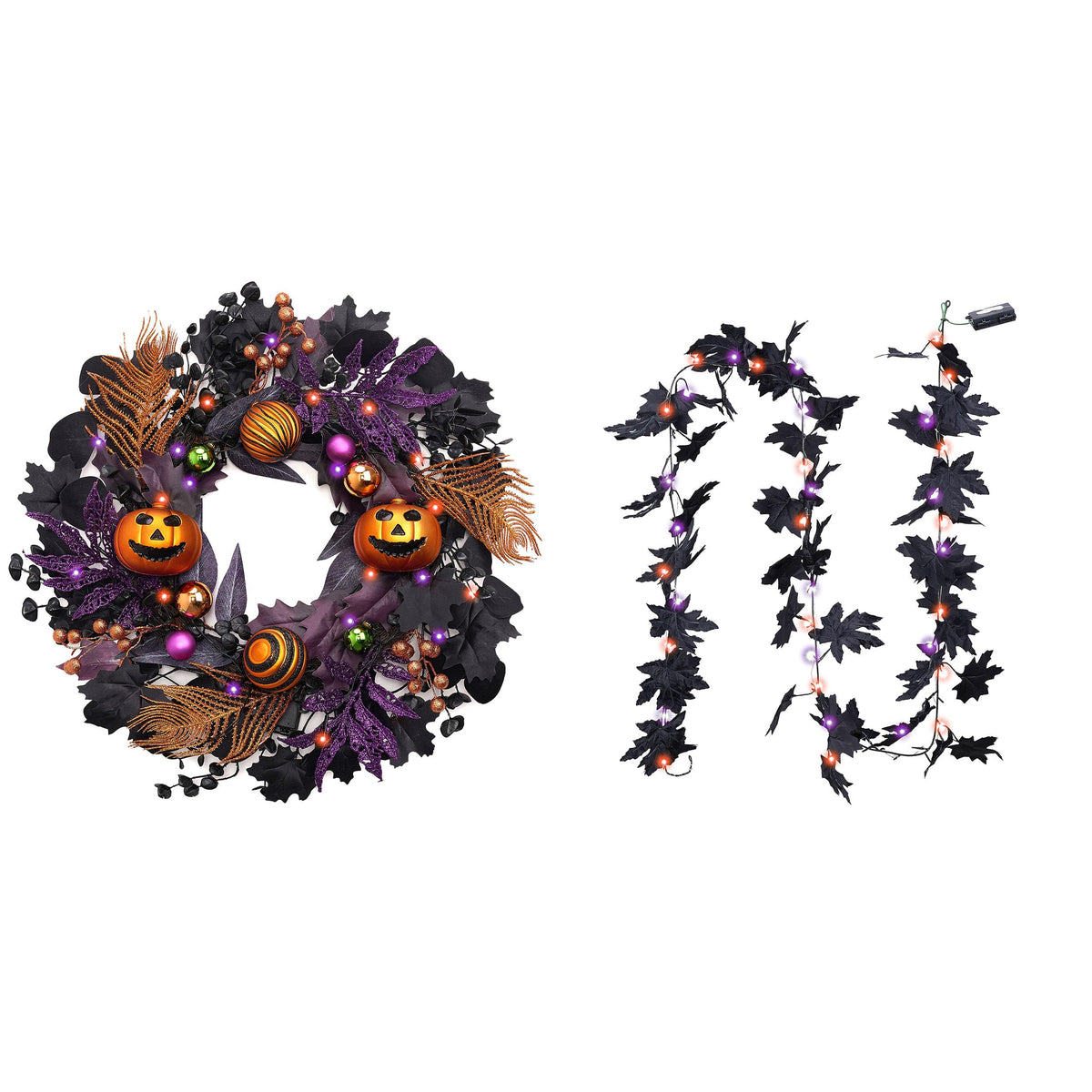 Valery Madelyn Halloween Wreath for Front Door with Lights, 18 Inch Pre-Lit Jack-o'-Lantern Pumpkin Wreath Halloween Decorations for Home Porch Table Centerpiece Window Indoor Party Holiday Wall Decor