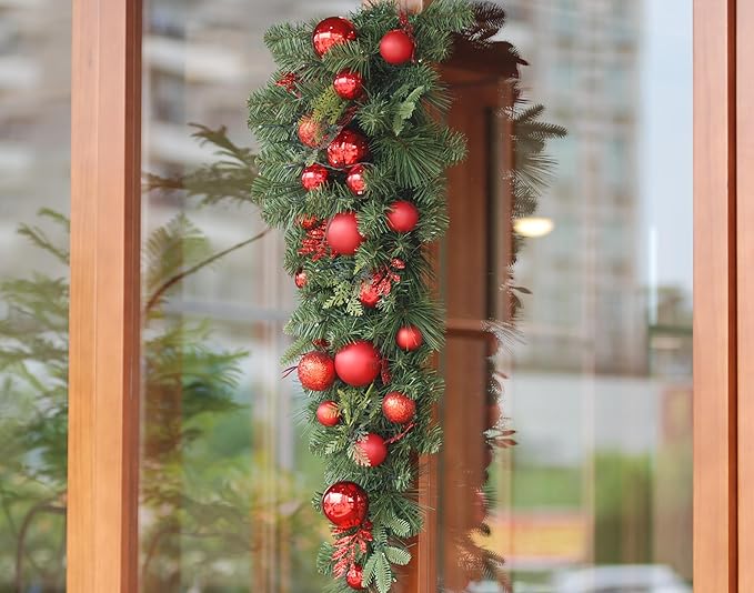 3.5 Feet Pre-lit Christmas Ornament Artificial Pine Teardrop w 23 Red Balls Real Grapevine Base (30 LED Lights, 8 Flash Options) for Xmas Decor at Shop Home Table Cabinet Door Wall Window (Battery)