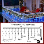 670 LED Christmas Lights Outdoor, 66ft Blue & White String Lights Indoor with 148 Drops 12 Modes, Dimmable Curtain Window Lights, Waterproof Twinkle Fairy Lights with Timer for Christmas Decorations