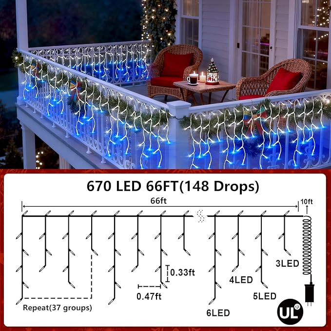 670 LED Christmas Lights Outdoor, 66ft Blue & White String Lights Indoor with 148 Drops 12 Modes, Dimmable Curtain Window Lights, Waterproof Twinkle Fairy Lights with Timer for Christmas Decorations