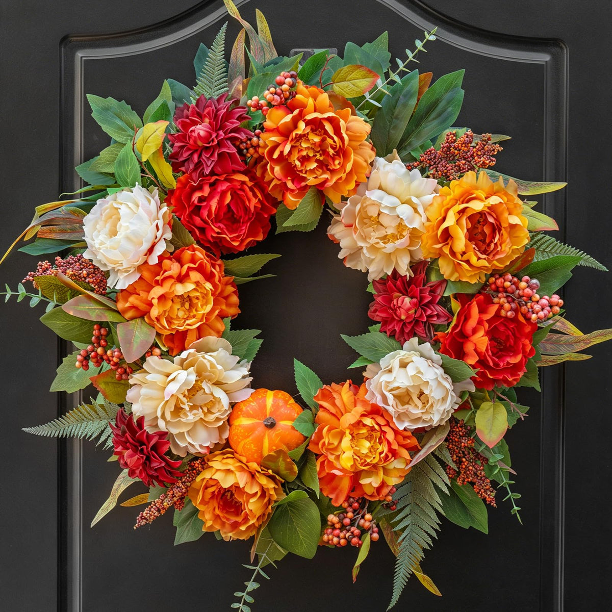24" Fall Wreath for Front Door, Large Autumn Peony Wreath with Pumpkins, Dahlias, Fall Door Decoration for Home Porch Farmhouse Decor, Thanksgiving Halloween Decoration