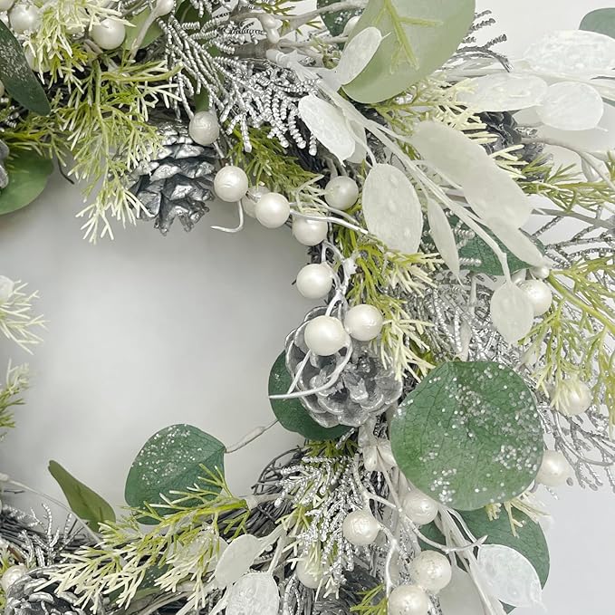 Christmas Wreaths for Front Door 22 Inch Artificial Christmas Wreath White Winter Wreath with Berries Pine Cones Pine Needles for Xmas Indoor Outdoor Decor