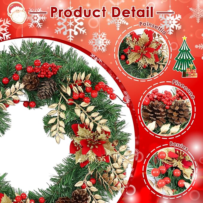 Christmas Wreaths for Front Door Outside Decor, 22" Berries Poinsettia Golden Leaves Pinecone Winter Artificial Wreath Decorations with Hanging Sign for Xmas Home Door Wall Window Fireplace Porch