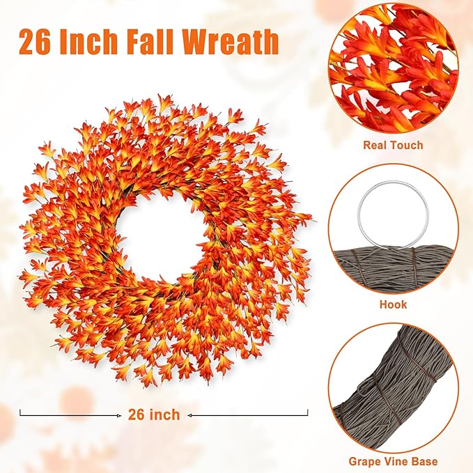 26 Inch Realistic Fall Wreaths for Front Door Outside Autumn Wreath Outdoor Indoors Fall Decorations for Home Thanksgiving Halloween Holiday Decorations Clearance for Wall Porch Door (Orange)