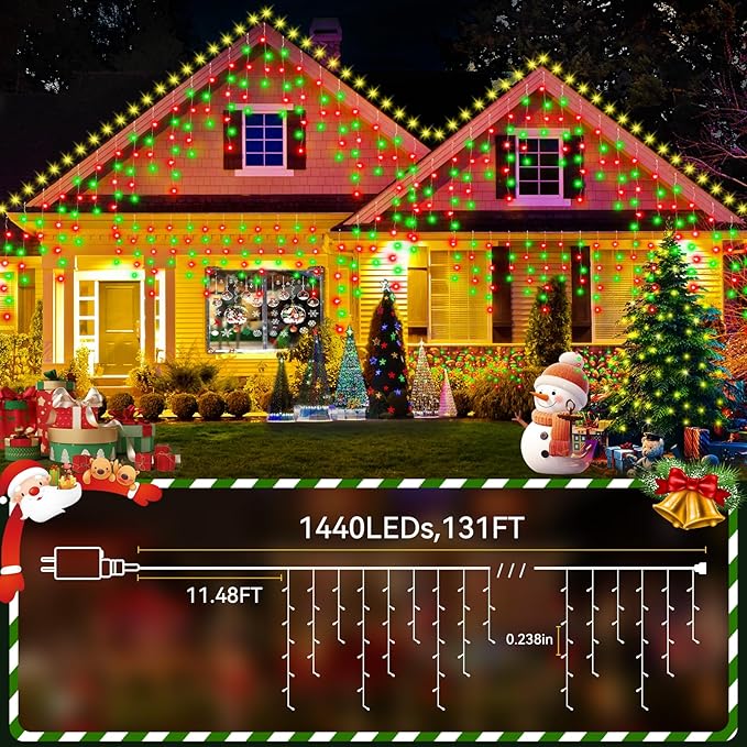 131FT 1440LED Christmas Lights Outdoor Waterproof Curtain Lights with 8 Modes Timer Hanging Fairy Lights Plug in String Lights for Holiday Wedding Party Decoration(Red and Green)