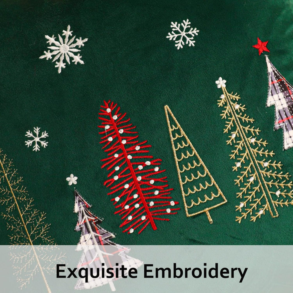 Tosleo Christmas Embroidery Throw Pillow Covers 24 x 24 inch Set of 2 Xmas Dec Velvet Pillowcases Forest Green Christmas Trees Cushion Pillow Cases Soft Square Holiday Pillowcase