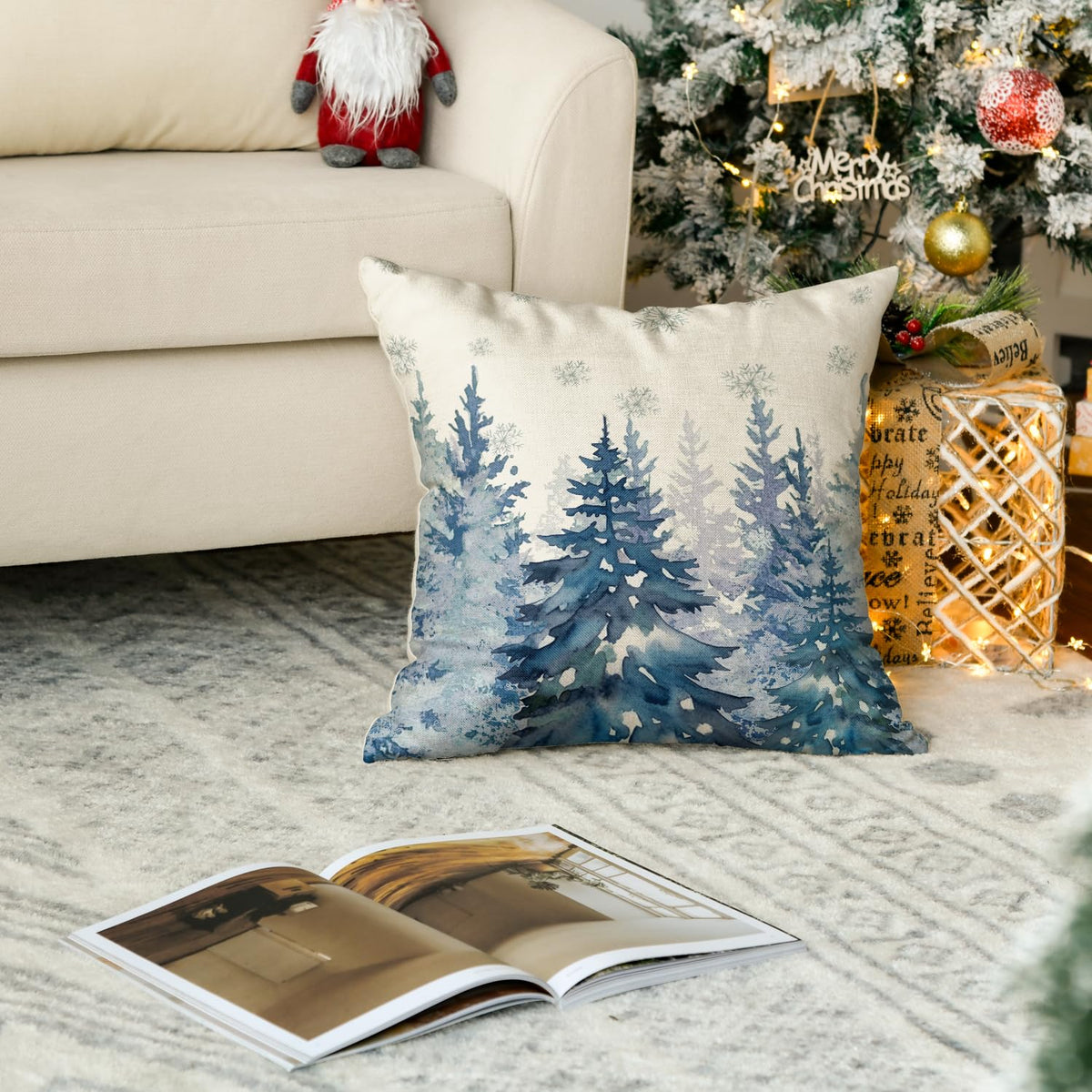 AVOIN colorlife Blue Christmas Tree Snowflake Throw Pillow Cover, 18 x 18 Inch Seasonal Winter Holiday Blue Cushion Case Decoration for Sofa Couch