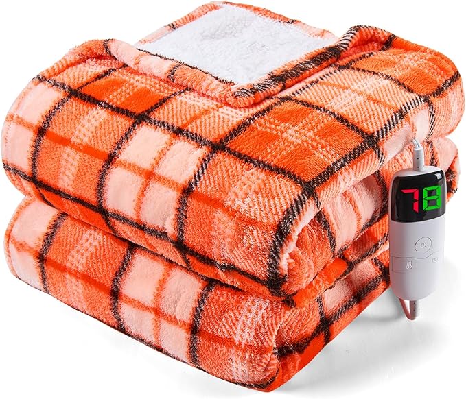 Orange Heated Throw Blanket Electric, 50X60 Heating Throw with 10 Heats Levels&8 Hours Auto Off&Timer for Lap, Plaid Soft Sherpa Orange Blanket Warmer Gift for Women Adults,Halloween Home Decor