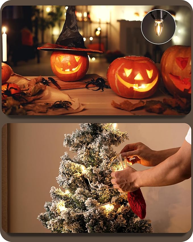 Christmas Village Lights, Decoration String Lights 12Ft with 6 C7 LED Bulbs, Warm White, with Socket and Switch, for Christmas Snow House,Pumpkin Crafts,Holiday Decoration W04VL05
