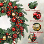 Christmas Wreath with Lights, 20 Inch Christmas Wreaths for Front Door, Large Winter Door Wreath with Ball Ornaments, Berries and Norfolk Pines, Xmas Decor for Indoor Outdoor Wall Windows