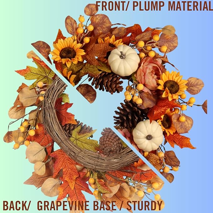 Artificial Fall Autumn Wreath 22 in with Sunflower,Peony,Pumpkin, Eucalyptus Leaf for Front Door Thanksgiving Wreaths Wall Window Harvest Festival Celebration