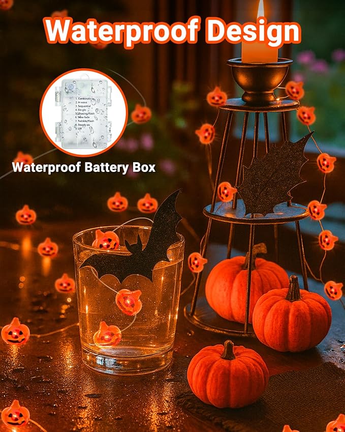 btfarm Halloween Pumpkin String Lights Decorations, 16.4 FT 50 LED Orange Fairy Lights Battery Operated with Remote Timer Waterproof for Indoor Outdoor Home Halloween Party Decorations