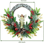 YULETIME 24" Angel Christmas Wreath, Artificial Holiday Wreath with Resin Angel Statue, Natural Rattan Ring & Pine Cones, Golden Leaves, Red Baubles, Spruce Branches, Snowy Pine Needles