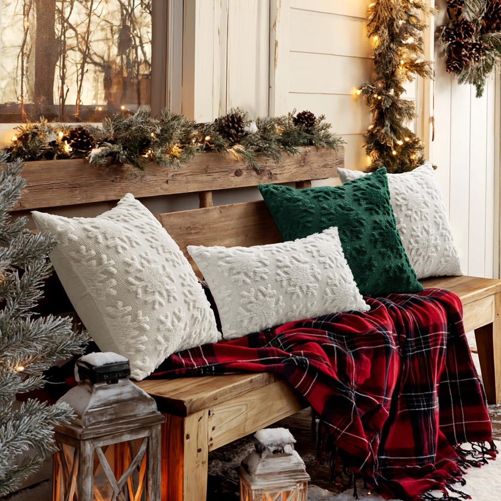 MIULEE Christmas Snowflake Decorative Throw Pillow Covers Set of 2,Soft Fluffy Faux Wool Winter Holiday Couch Pillows for Farmhouse Boho Home Decor Sofa Bed Porch Living Room 16x16 Inch Pure White