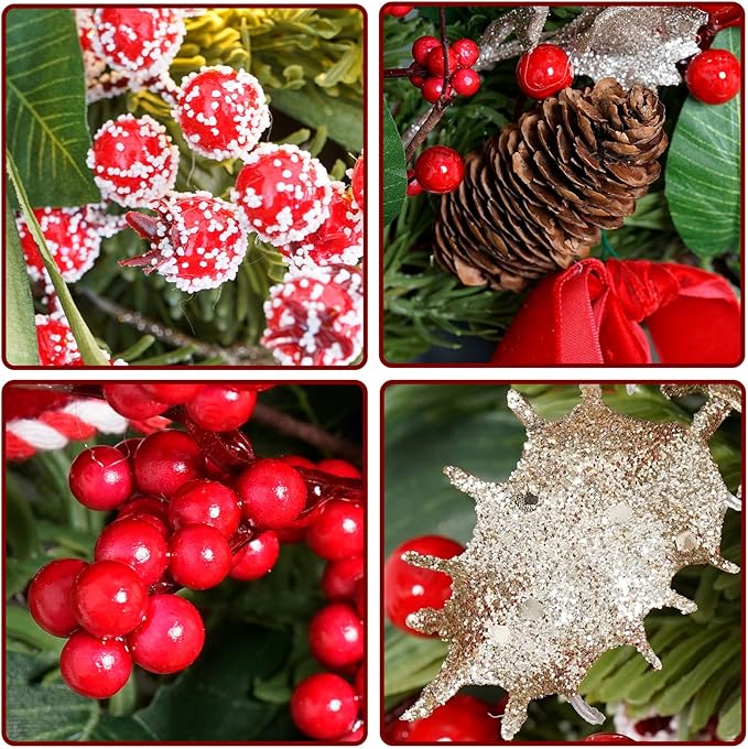 Christmas Wreath with Lights,Outdoor Pre-lit Christmas Wreaths for Front Door-24 Inch Xmas Door Wreath with Pine Needles Pine Cones and Red Berries- Farmhouse Home Christmas Decorations