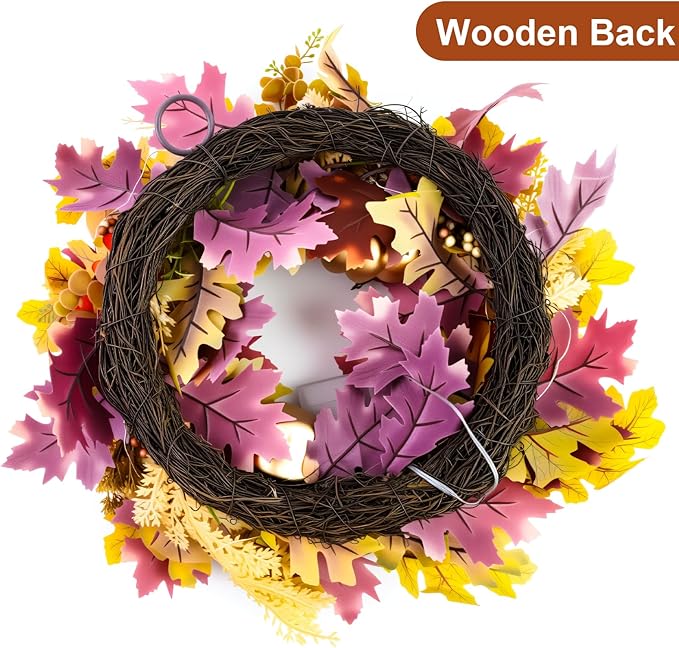 Fall Wreaths for Front Door,Sunflower Autumn Wreath with Lights,Pumpkins and Bows,for Thanksgiving Halloween Farmhouse Indoor Outdoor Outside (Yellow Sunflower)