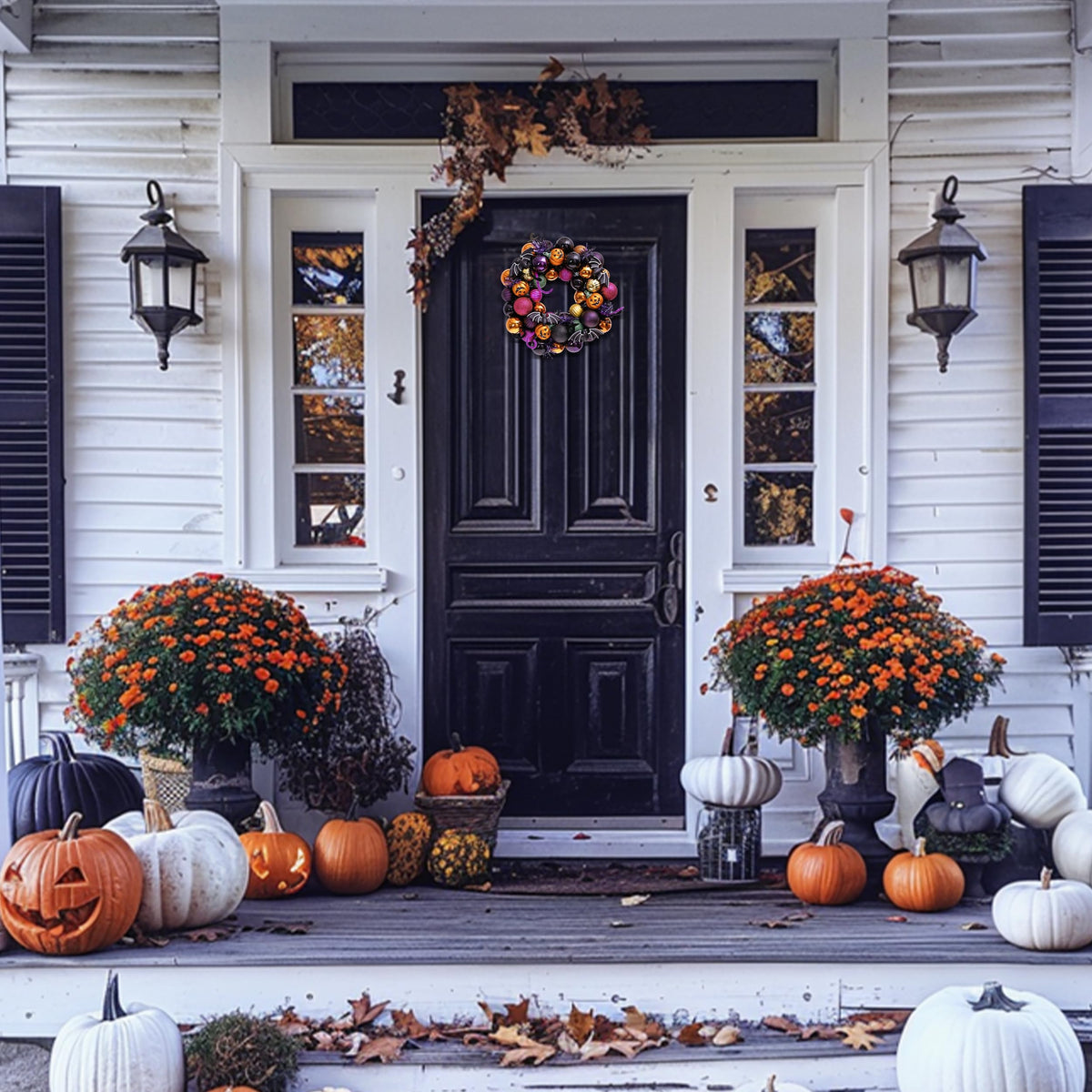 Valery Madelyn Halloween Decorations Indoor for Home, Pre-Lit Pumpkin Ball Wreath with 60ct Shatterproof Treat-or-Trick Ornaments for Centerpiece Wall Front Door, 20 Inch