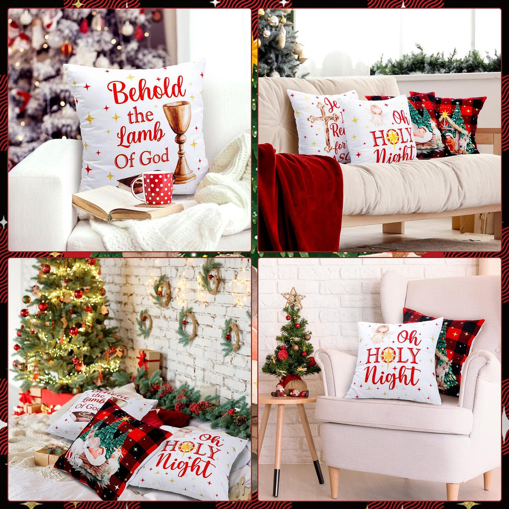 FuWeave 6 Pcs Christmas Pillow Covers 18 x 18 Inch Decorative Lime Green Red Xmas Pillow Cushion Case Pillowcase Square Christmas Pillow Covers for Home Sofa Couch Decorations (Nativity Scene)