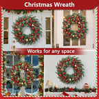 Christmas Wreath with Lights, 20 Inch Christmas Wreaths for Front Door, Large Winter Door Wreath with Ball Ornaments, Berries and Norfolk Pines, Xmas Decor for Indoor Outdoor Wall Windows