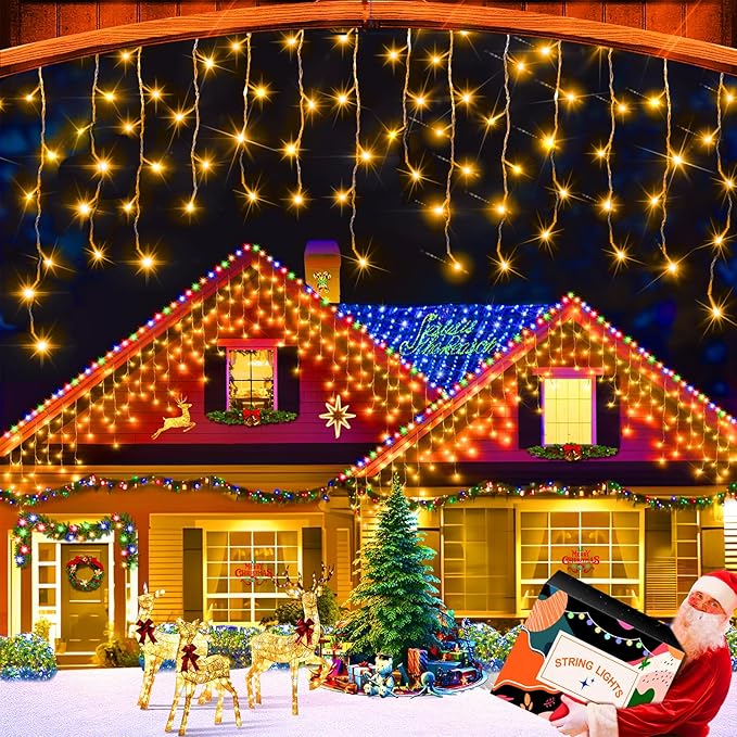 XURISEN 66ft Christmas Lights Decorations Outdoor, 640 LED 8 Modes Curtain Fairy Lights with 120 Drops,Plug in Waterproof Timer Memory Function for Christmas Holiday Wedding Party Decor(Warm White)