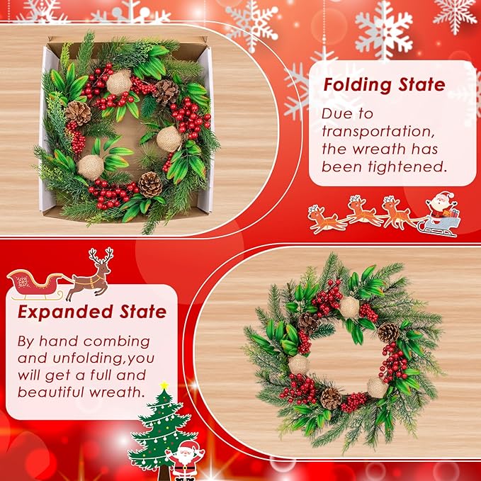 Christmas Wreaths for Front Door Outside Decor, 20" Red Berries Linen Ball Pine Boughs Winter Artificial Wreath Decorations with Hanging Sign for Xmas Holiday Home Door Wall Window Fireplace Indoor