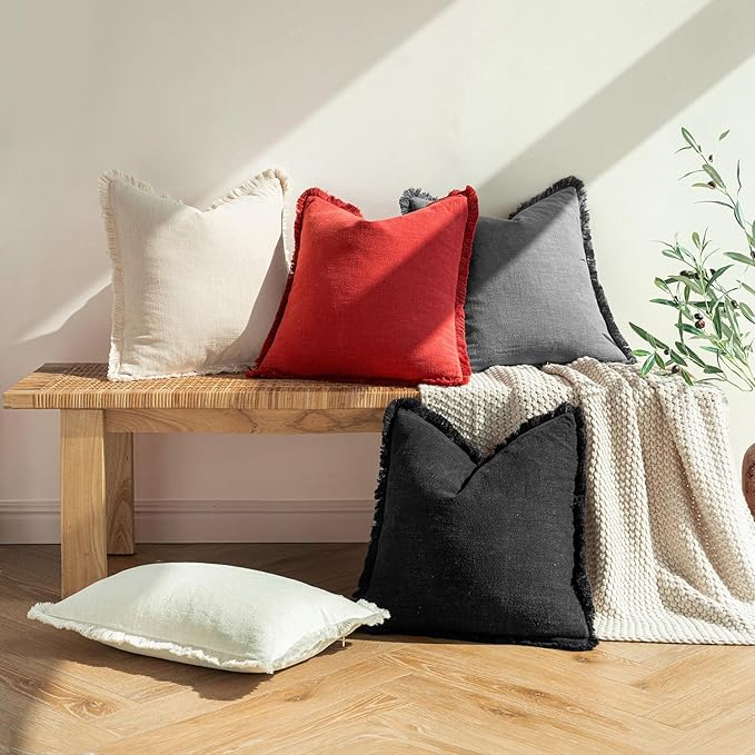 MIULEE Christmas Decorative Throw Pillow Covers Neutral Linen Fringe Throw Pillows Set of 2 Red Boho Farmhouse Cushion Covers with Tassels for Couch Sofa Bed Living Room Spring Home Decor 18x18 Inch