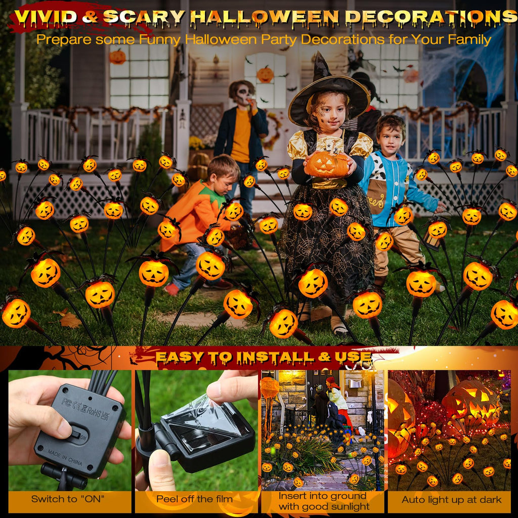 Weepong Halloween Decorations Outdoor 2 Pack Solar Lights, 12 LED Scary Pumpkin Swaying Firefly Lights with Spider & Bats for Outside Garden Yard Lawn Grave Cemetery Ghost Decor Party, Orange