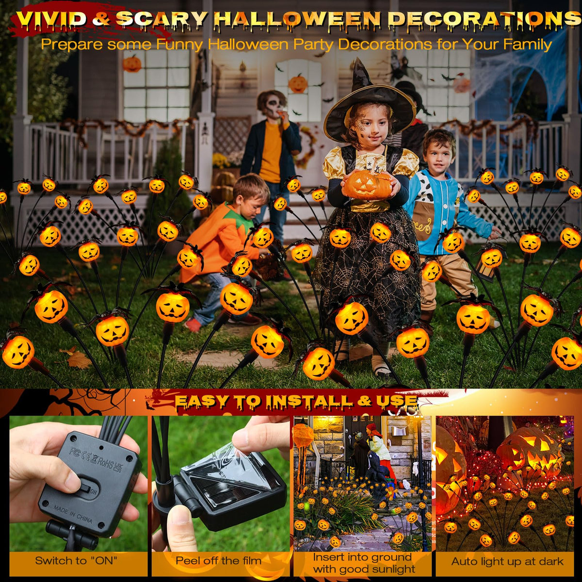 Weepong Halloween Decorations Outdoor 2 Pack Solar Lights, 12 LED Scary Pumpkin Swaying Firefly Lights with Spider & Bats for Outside Garden Yard Lawn Grave Cemetery Ghost Decor Party, Orange