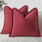 MIULEE Christmas Decorative Throw Pillow Covers Neutral Linen Fringe Throw Pillows Euro Shams Set of 2 Burgundy Boho Farmhouse Cushion Covers for Couch Sofa Bed Living Room Home Decor 22x22 Inch