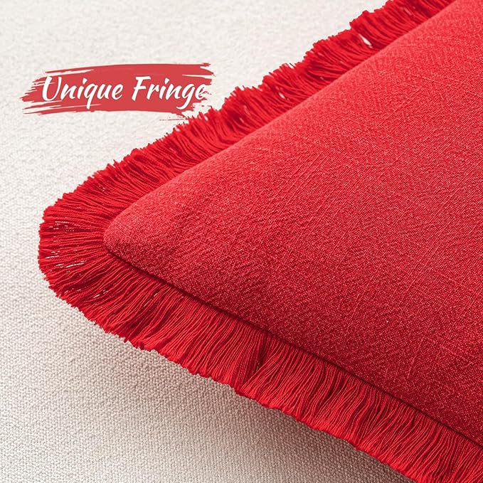 MIULEE Christmas Decorative Throw Pillow Covers Neutral Linen Fringe Throw Pillows Euro Shams Set of 2 Red Boho Farmhouse Cushion Covers with Tassels for Couch Sofa Bed Living Room Decor 22x22 Inch