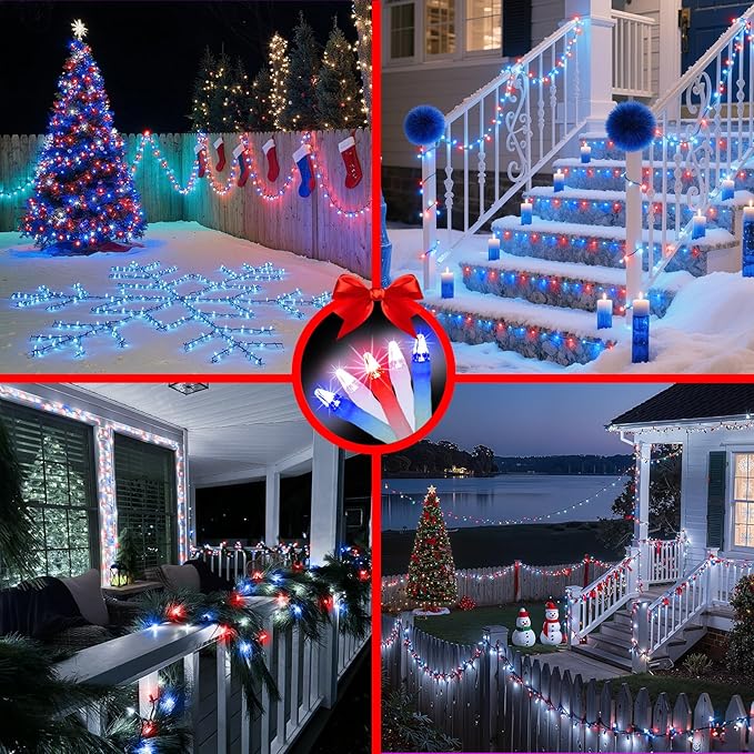 750 LED 240FT Christmas String Lights Outdoor, Christmas Light with 8 Lighting Modes& Timer & Memory, Plug in Waterproof Clear Wire Twinkle Light for for Xmas Yard Tree Party Decor Red White Blue