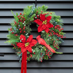 Pre-Lit Christmas Wreaths for Front Door 24 Inch Christmas Wreath with Lights,Large Winter Wreath with Cardinal Birds,Poinsettia,Green Evergreen Pine Needles Red Berries Holiday Wreath Decor