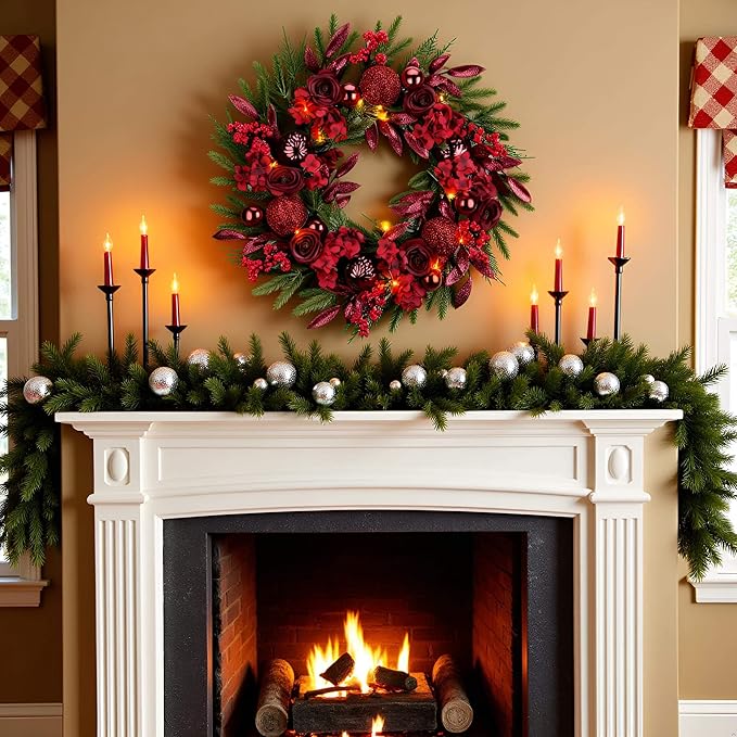 YULETIME 24" Christmas Wreath, Artificial Holiday Wreath with Baubles, Berries, Leaves, Spruce Branches, Snowy Pine Needles (Red Hydrangea)