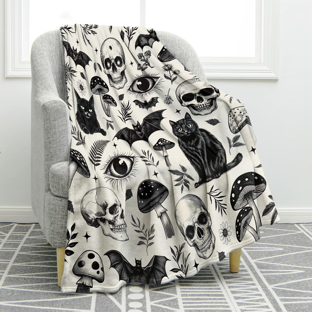 Jekeno Gothic Skull Blanket Cat Bat Mushroom Gifts for Women Men Kids Girls Boys Mom Wife Husband Dad Halloween Birthday Christmas Skeleton Horror Dark Presents Home Bedroom Room Decor Throw 50"x60"