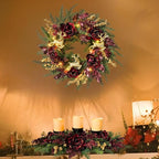 22 Inch Pre-Lit Artificial Christmas Wreath Rose Wreath with Glitter Christmas Deer Reindeers Figurine Decor Berries and Timer for Front Door Window Indoor Outdoor Festive Xmas Holiday