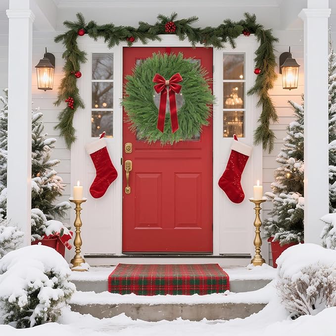 24" Norfolk Pine Wreath for Front Door, Real Touch Artificial Greenery Wreath Realistic Christmas Wreath for Wall,Fireplace,Windows,Indoor,Outdoor,Home,Holiday Decorations