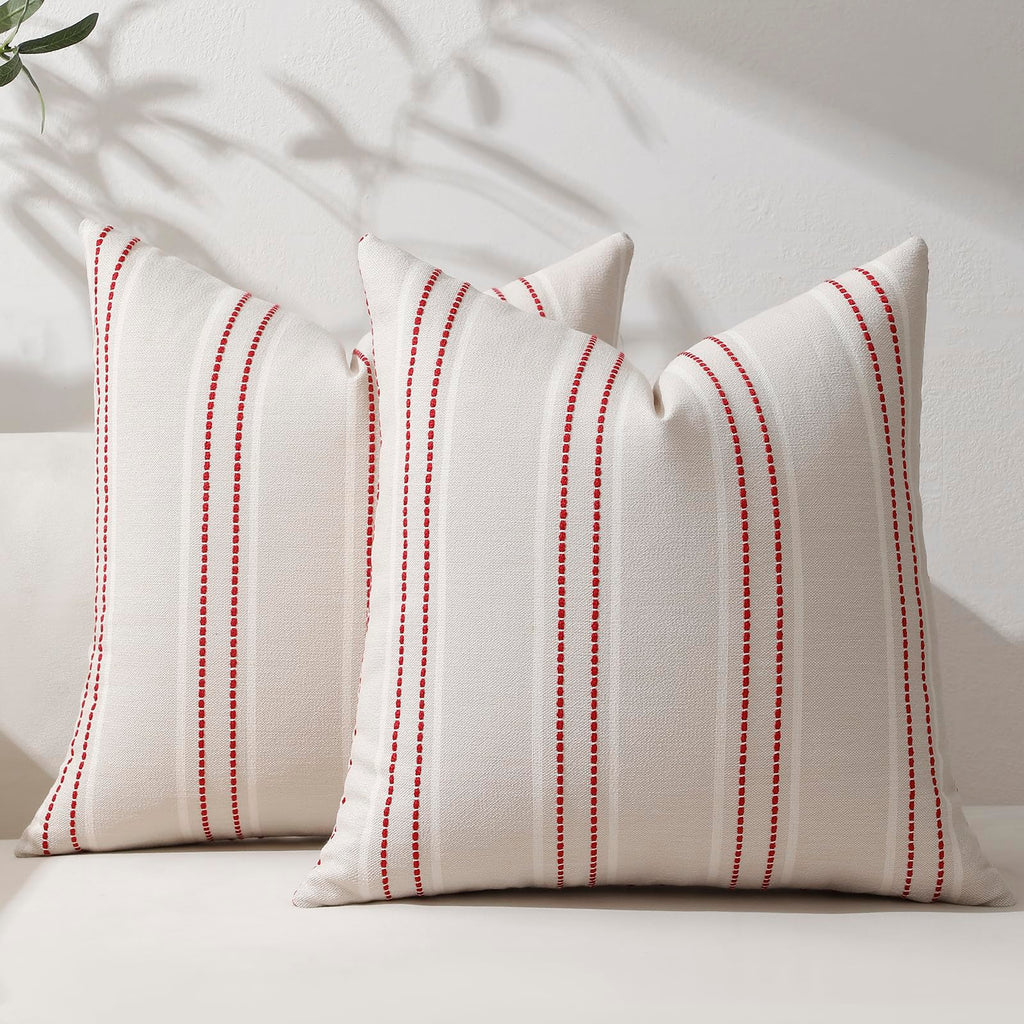 Hckot Christmas Pillow Covers 18x18 Set of 2 Red Striped Throw Pillow Covers Linen Decorative Pillows Square Cushion Covers for Sofa Couch Bed Living Room Xmas Winter Decorations(Red)