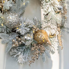 YULETIME 24" Christmas Wreath, Artificial Holiday Wreath with Baubles, Berries, Leaves, Spruce Branches, Snowy Pine Needles (Gold Bauble)