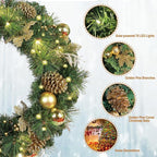 Solar Christmas Wreath 30 Inches Pre-Lit Solar 70 Led Artificial Wreath for Front Door Window Outdoor Decorations with Golden Pine Cones Christmas Balls Glitter Pine Branches(3002)