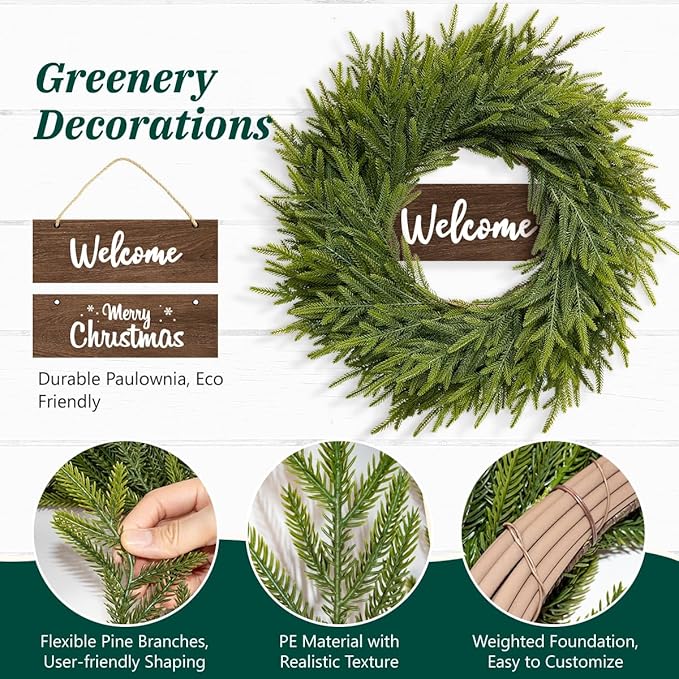 26 Inch Christmas Wreaths for Front Door, Real Touch Norfolk Pine Wreath with Welcome Sign, Large Festive Green Wreath for Farmhouse, Porch, Windows, Wall, Table, Indoor, Outdoor, Home Decor
