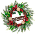 Christmas Wreaths for Front Door Outside Decor, 20" Red Berries Linen Ball Pine Boughs Winter Artificial Wreath Decorations with Hanging Sign for Xmas Holiday Home Door Wall Window Fireplace Indoor