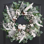 Winter Wreath for Front Door, 24 Inch Christmas Wreath with Owl Decor, Pine Cones, and Evergreen Greenery, Festive Winter Door Decor, Artificial Holiday Farmhouse Rustic Wreath