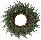 24" Artificial Christmas Wreath -Real Touch Norfolk Pine Wreath for Door,Wall,Windows,Indoor Outdoor -Christmas Wreaths for Front Door-Christmas Decorations-Holiday Decor-Free Battery LED Lights