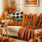 HDVUHKI Fall Pumpkin Pillow Covers 16x16 inch Set of 4, Linen Autumn Outdoor Thanksgiving Harvest Farmhouse Buffalo Check Truck Orange Decorations for Sofa Couch