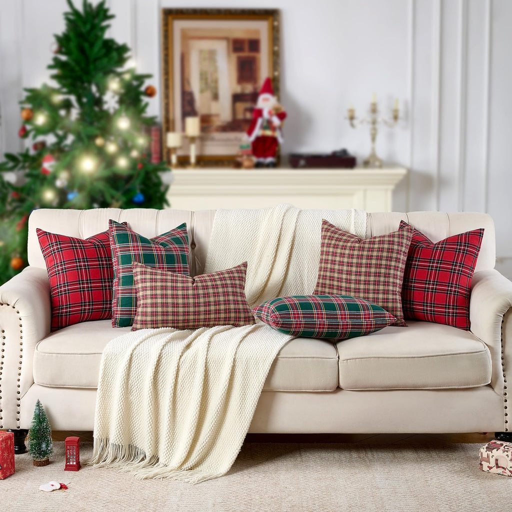 Red Tartan Plaid Christmas Decorative Throw Pillow Covers 18x18 Set of 2, Red Plaid Christmas Decor Tartan Pillows for Couch Bed & Living Room, Retro Classic Xmas Decorations for Winter Holiday