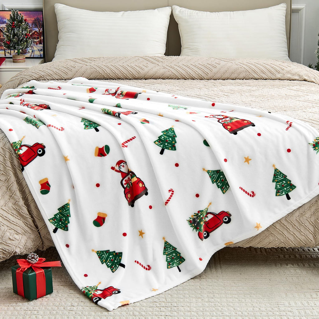 Edenleaf Christmas Blanket - White Holiday Throw with Santa Claus & Snowman - Warm Cozy Fleece Winter Blanket, 50x60 Inches，White