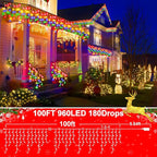 SAUIRS 100FT 960 LED Christmas Lights Outdoor Decorations with 180 Drops Timer 8Mode Curtaing String Lights Waterproof Plug in Fairy Lights for Indoor,Xmas,Party,Patio,Window,Trees Decor(Multicolor)